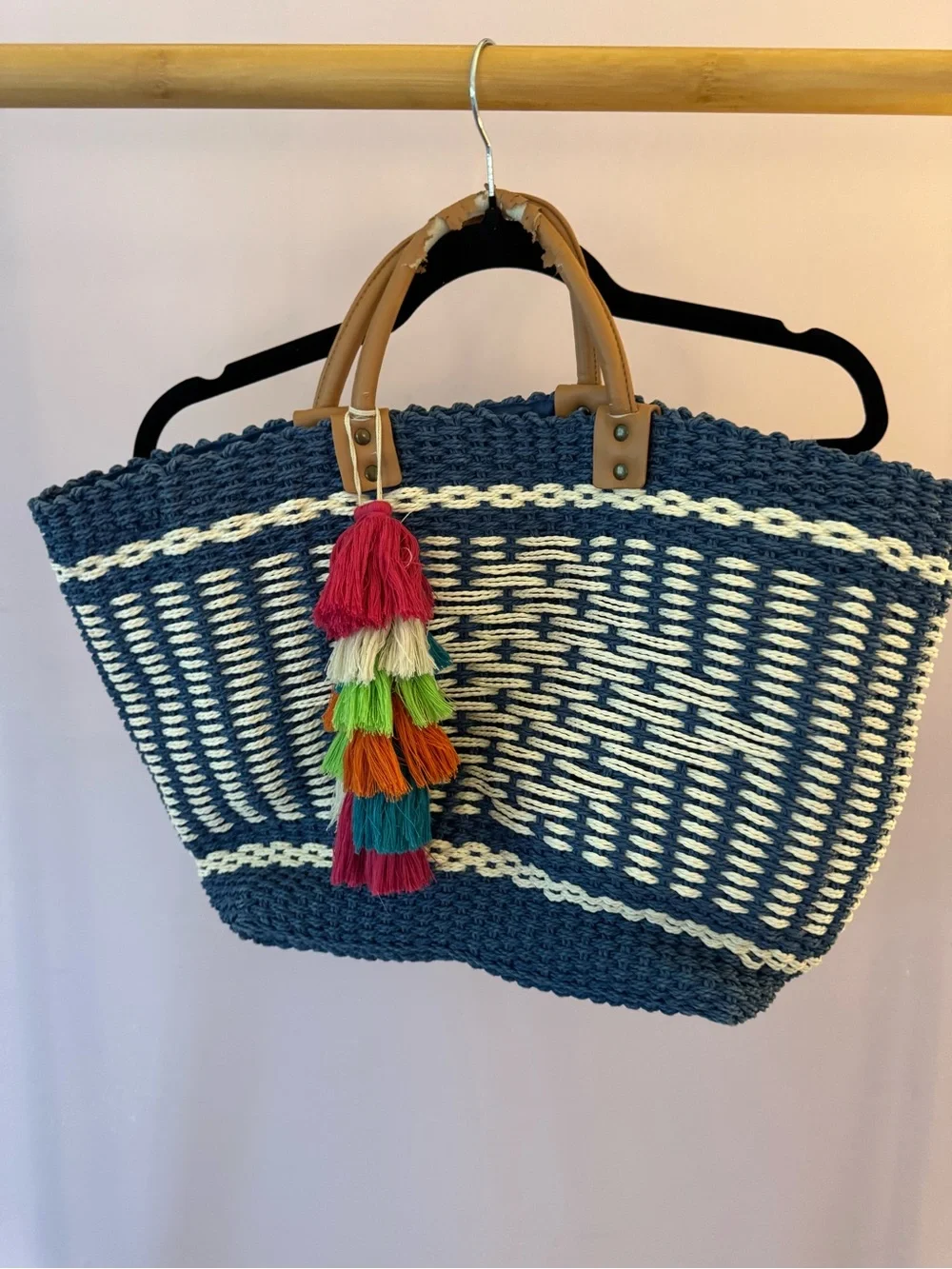 indigo soul Navy and White Woven Tote with Multicolor Tassel
